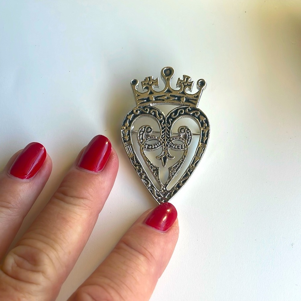Scottish silver plated, heart, and crown brooch